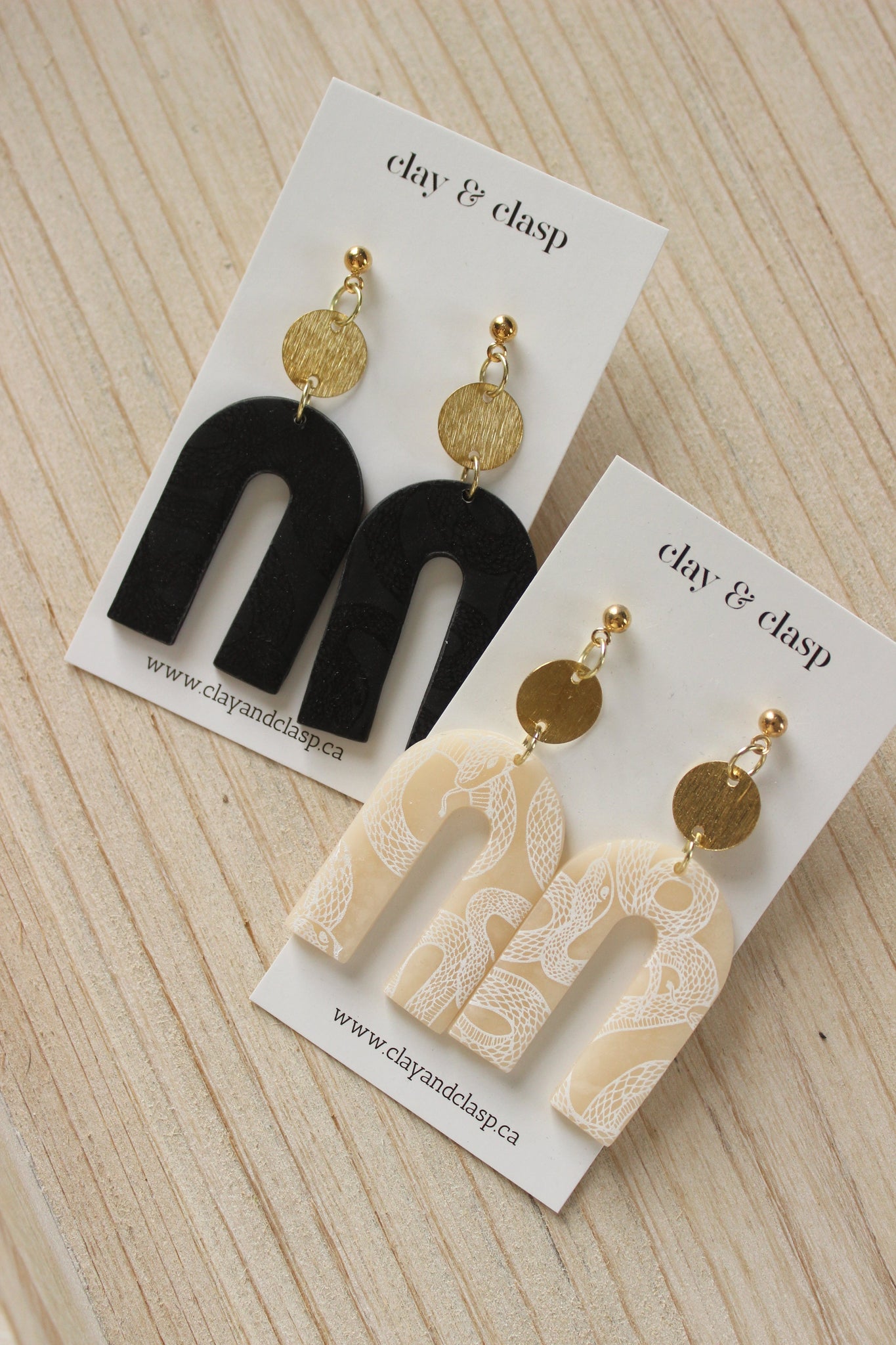 Large Drop Earring | Textured Brass Circle + Arch + Snake Print