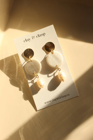 Luxe Drop Earring | Textured Gold Plated Post + Shimmer Moon + Large Fresh Water Pearl
