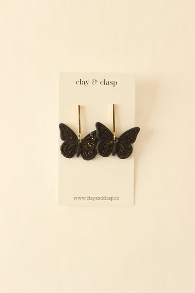 Large Drop Earring | Gold Plated Bar + Gold Speckled Butterfly