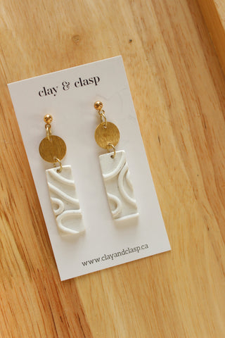 Medium Drop Earring | Textured Brass Circle + White Abstract Rectangle