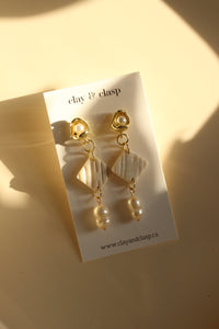 Luxe Drop Earring | Plated Gold Pearl Post + Shimmer Textured Diamond + Large Fresh Water Pearl