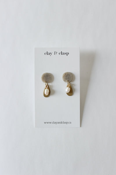 Small Drop Earring | Granite + Small Fresh Water Pearl + Brass Tear Drop
